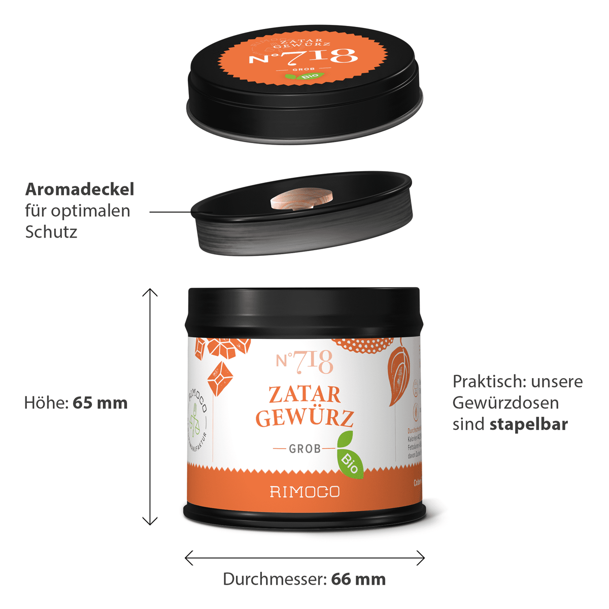 Bio Zatar Gewürz Dose mit schwarzem Deckel, etikettiert, offen und geschlossen mit Größenangabe.
