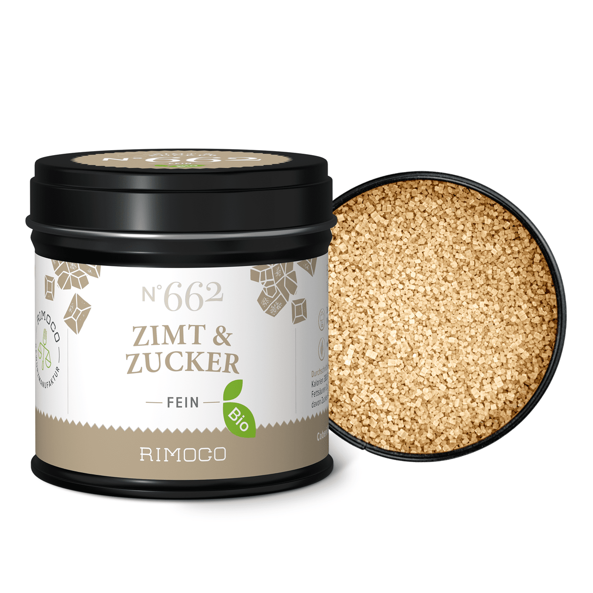 Offene Dose Bio Zimt Zucker neben dem Deckel, darin feiner brauner Zucker sichtbar.