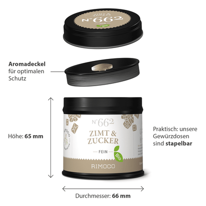 Runde Dose mit Aufschrift Bio Zimt Zucker und schwarzem Deckel.