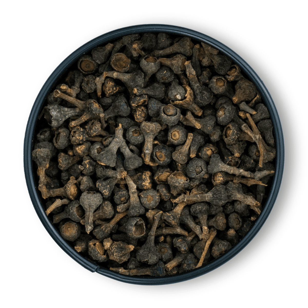 Runde Dose mit Zimtblüten ganz, getrocknete dunkelbraune Stiele und Wurzeln von oben sichtbar.