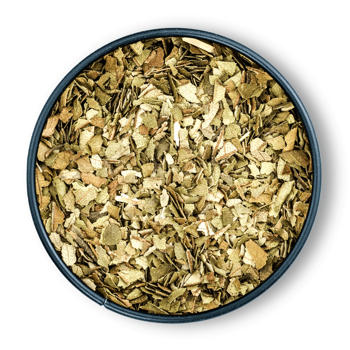 Runde schwarze Schale mit getrockneten Yerba-Mate-Blättern und Bio Zitronenmyrte, von oben gesehen.