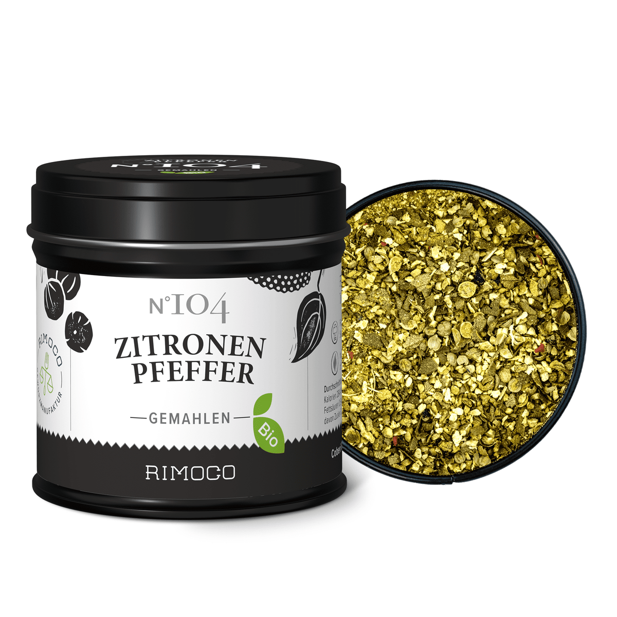 Offene Dose mit Bio Zitronenpfeffer, darin gelbes, gemahlenes Gewürz sichtbar.