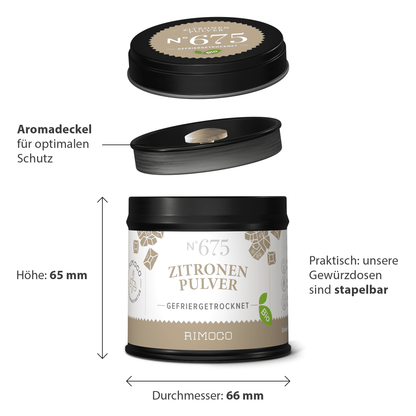 Dose Bio Zitronenpulver in Schwarz-Beige mit Stapeldeckel.