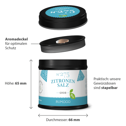 Schwarze, runde Dose mit Aufschrift Bio Zitronensalz, Deckeldetails und Stapelhinweis sichtbar.