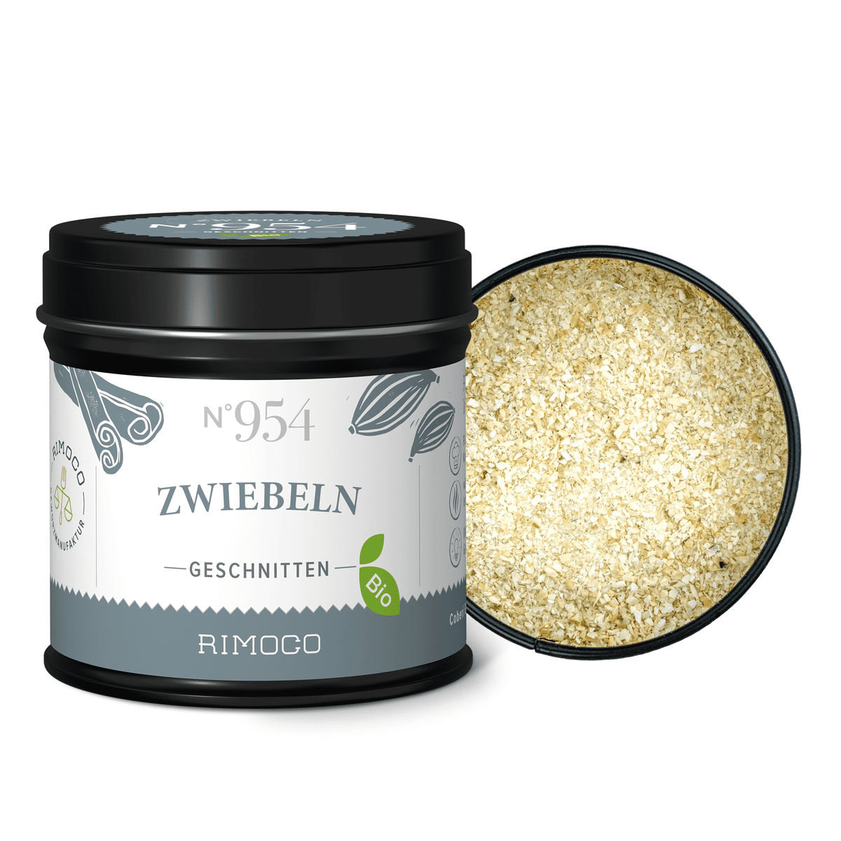 Bio Zwiebeln getrocknete Dose, eine Dose geöffnet mit sichtbaren getrockneten Zwiebelstücken.