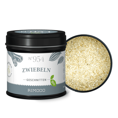 Bio Zwiebeln getrocknete Dose, eine Dose geöffnet mit sichtbaren getrockneten Zwiebelstücken.